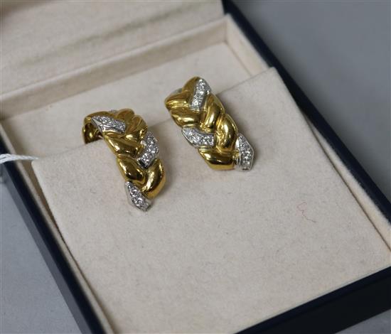 A pair Bucherer 18ct gold and diamond set plaited style half hoop earrings, in Bucherer box.
